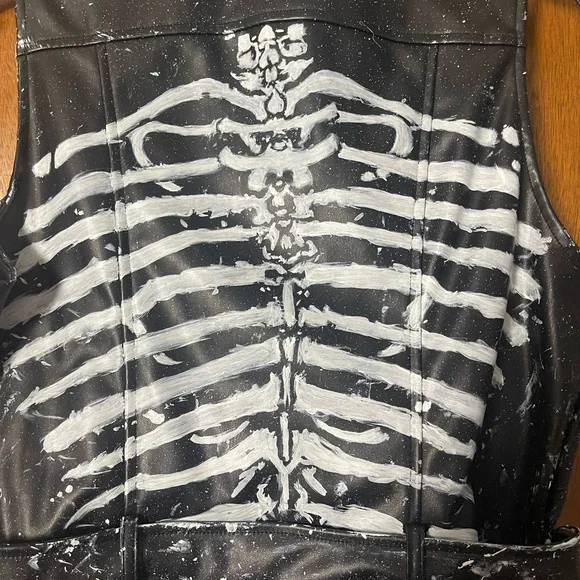 Skeleton Print Black Leather Vest (sz L) - Picture 9 of 14